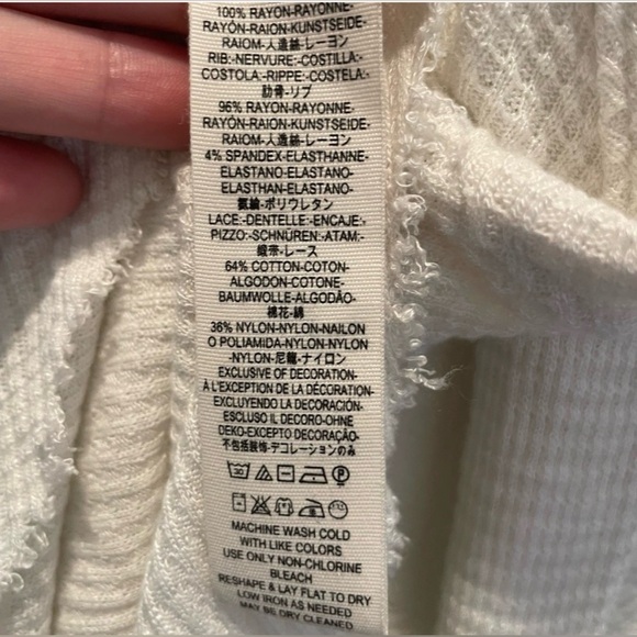 Free People Spring Valley Ivory Waffle Knit Lace Neck Long Sleeve Top Size Small - Picture 9 of 9